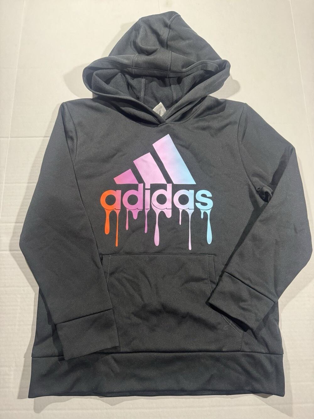 adidas Kids (girls) Black Pullover Hoodie Logo Graphic Print Pockets L/G 14